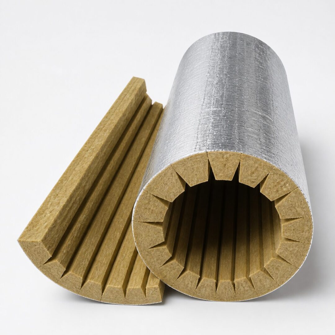 Aislamiento preformado de lana mineral con cortes de precisión en forma de V que permiten adaptarlo alrededor de superficies cilíndricas.