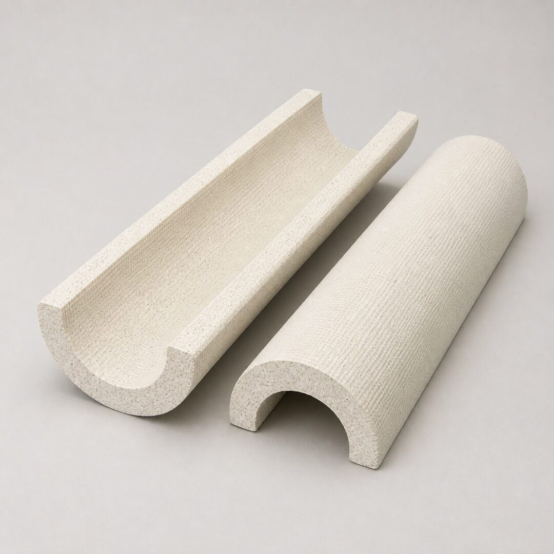 Dos medias cañas rígidas de perlita expandida y silicato de sodio para tubería
