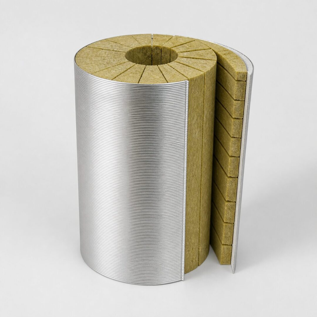 Presentación flexible formada por segmentos simétricos de lana mineral y recubrimiento exterior de chapa de aluminio corrugado.