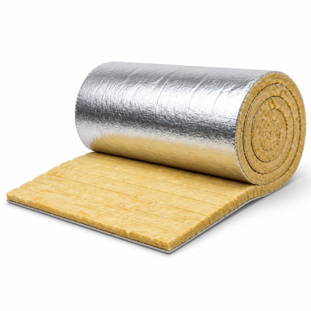 Cubierta flexible Isomax FV de fibra de vidrio segmentada, enrollada y con una cara aluminizada visible.