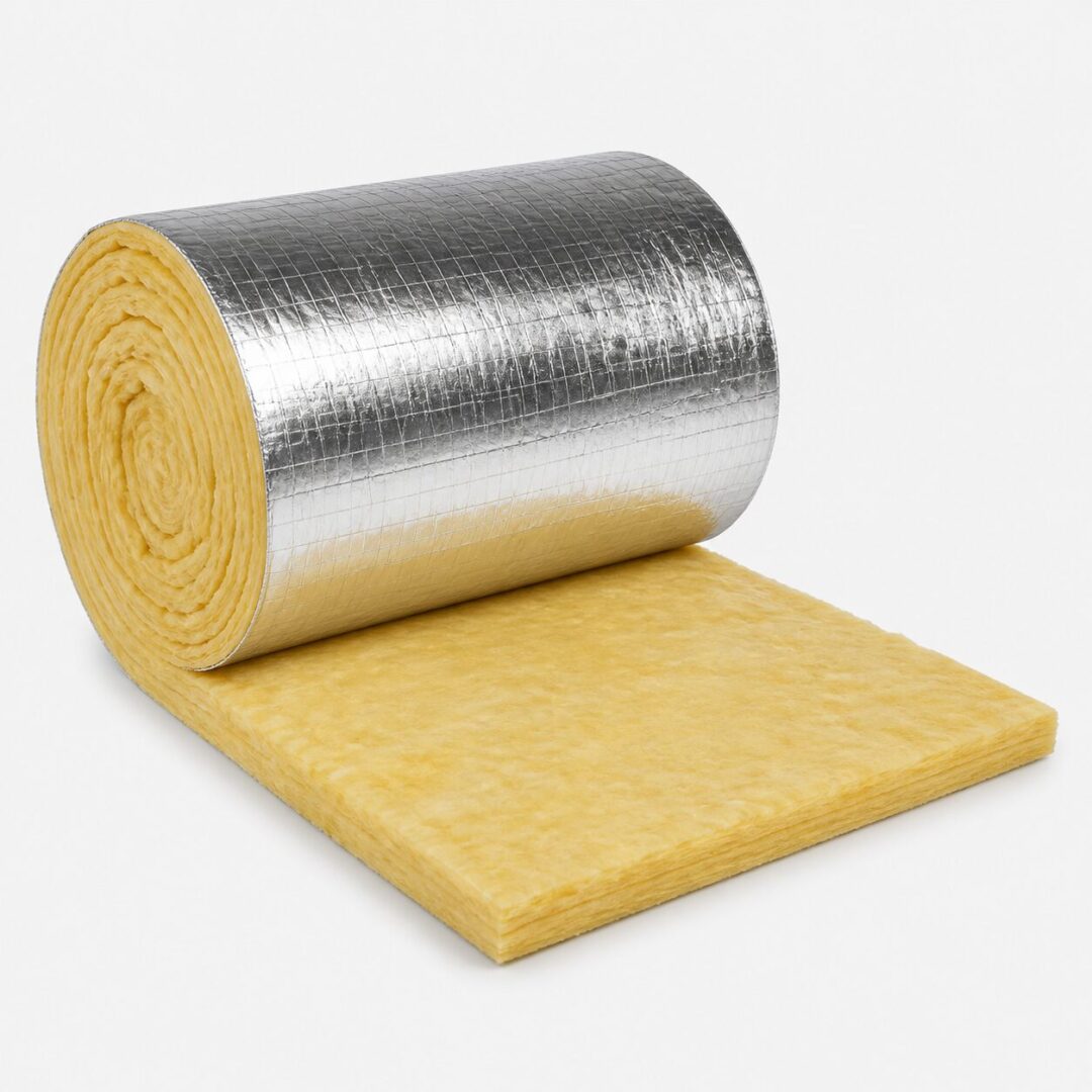 Manta flexible de lana de vidrio en tono amarillo, recubierta con foil de aluminio reforzado mediante una malla tridireccional.